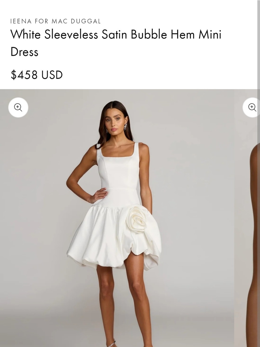 Ieena for Mac DuggalWhite Sleeveless Satin Bubble Hem Mini Dress